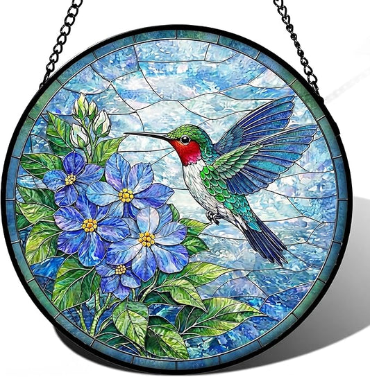 Sanwarm Stained Glass Window Hanging, Hummingbird Blue Flowers Suncatcher Window Decor for Indoor Home Sun Catcher Ornament, Mother’s Day & Birthday Gift for Women, Men, Mom & Nana, 7.8 in