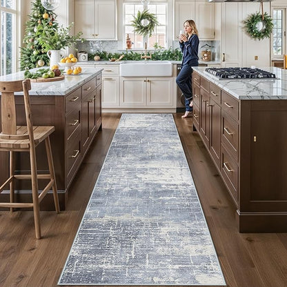 Washable 12ft Hallway Runner Rug: Non-Slip 2'6x12 Kitchen Rugs Low-Pile Entryway Rug Runner Abstract Soft Bedroom Floor Mat Farmhouse Carpet for Bathroom Living Room Dining Room(2'6x12,Blue/Ivory)