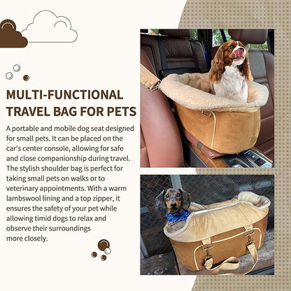 Johnear Puppy Dog Booster Seat for Small Dog up to 28 lbs Outing Car Travel, 3 in 1 Portable Pet Handbag Sofa Dogs Car Center Console Seats Winter Warm Pet Carrier with Safety Belt for Passenger Seat