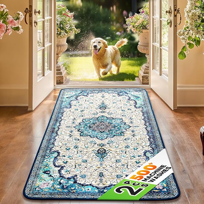 Hompet 2 Pack Super Absorbent Dog Door Mat for Muddy Paws, Washable Pee Pads for Dogs, Reusable Puppy Training Pads, Quick Dry Non-Slip Pet Entryway Rug, Leak-Proof Potty Pad for Indoor Floors 28.5x60