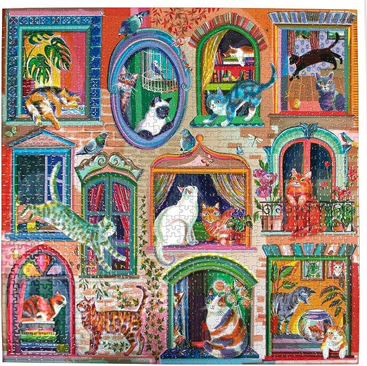 eeBoo 1000 Piece Puzzle - Cats in Window Jigsaw Puzzle for Adults, Square 23" x 23" Made with Recycled Board & Vegetable-Based Ink