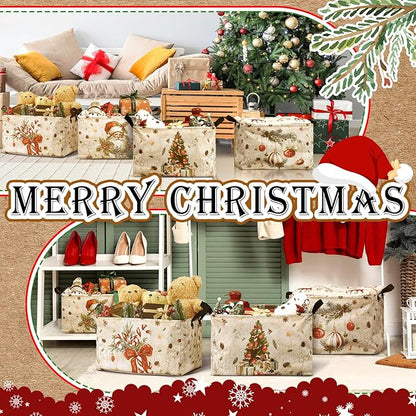 4 Pack Christmas Storage Bin Collapsible Large Christmas Storage Baskets for Gifts Xmas Tree Canvas Laundry Basket Foldable Box with Handle for Office Home Bedroom Clothes Toys Holiday Decor