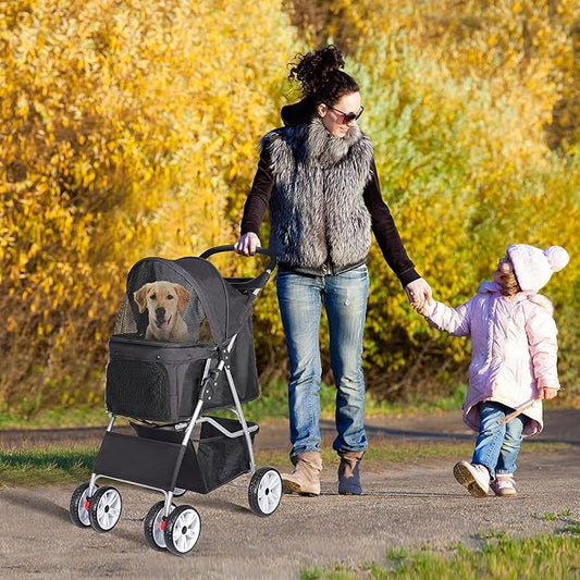 4 Wheels Foldable Pet Dog Cat Jogger Stroller Travel Carrier Strolling Cart w/Waterproof Cover Storage Basket Cup Holder & Removable Liner for Medium Small Cat Dog, Black