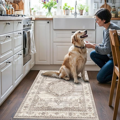 Washable Ktichen Area Rug 3x4: Indoor Runners for Bedroom Bathroom Non-Slip Soft Stain Resistan Carpet for Entryway Laundry Dining Room Vintage Home Decor for Small Living Room Nursery Room(Beige,3x4)
