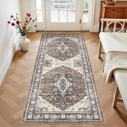 Washable 3x6 Hallway Area Rug: Vintage 6ft Water Resistant Soft Runner Rug for Entryway Kitchen Non Slip Wide Low Pile Carpet for Living Room Bedroom Thin Floor Mat for Bathroom Dining Room(Brown,3x6)