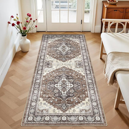 Washable 3x6 Hallway Area Rug: Vintage 6ft Water Resistant Soft Runner Rug for Entryway Kitchen Non Slip Wide Low Pile Carpet for Living Room Bedroom Thin Floor Mat for Bathroom Dining Room(Brown,3x6)