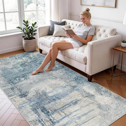 Washable Wide Runner Rug 4x10 : Modern Abstract Hallway Rugs - Non-Slip Thin Rug for Kitchen, Living Room, Bedroom - Easy Clean Carpet for Long Spaces - Soft Low Pile Floor Mat 4x10 Blue