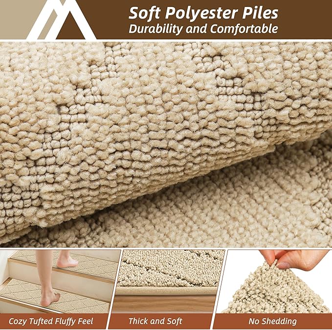 COSY HOMEER Stair Treads for Wooden Steps 9"x28",Washable Non Slip Carpet Stair Treads with Reusable Residue Free Backing Soft Peel and Stick Stair Runner Rugs for Kids Elders Pets,Warm Beige,4pcs