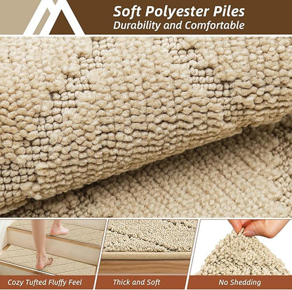 COSY HOMEER Stair Treads for Wooden Steps 9"x28",Washable Non Slip Peel and Stick Carpet Stair Treads with Reusable Residue Free Backing Soft Pet Friendly Stair Runner for Kids Elders,Warm Beige,10pcs