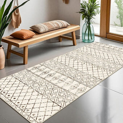 3x6 Washable Kitchen Runner Rug: Non Slip Moroccan Hallway Runners - Low Pile Soft Farmhouse Neutral Carpet for Bedroom Entryway Laundry 3x6 Geo Beige