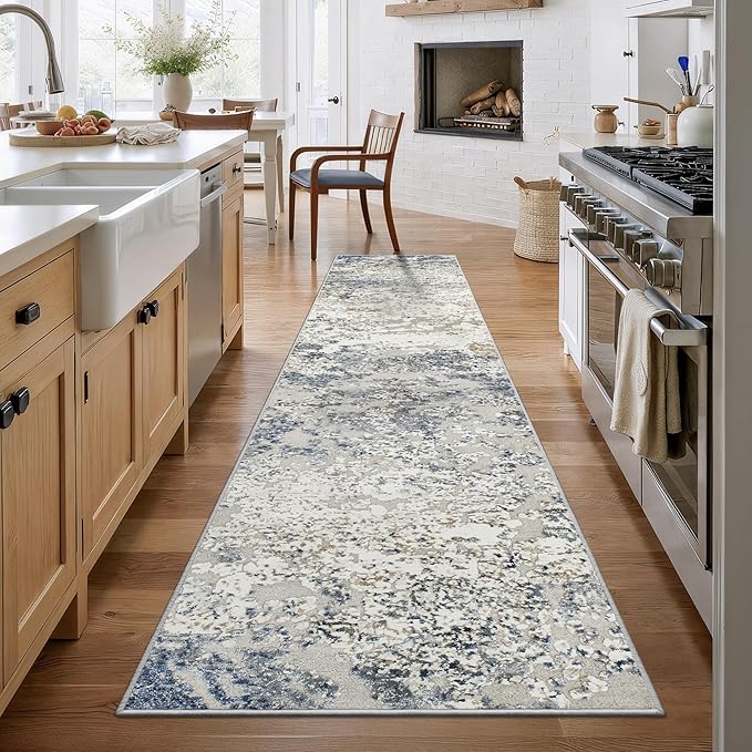 Art&Tuft Runner Rug 2'6x10' - Anti-Slip Backing Abstract Hallway Rug, Stain Resistant Kitchen Rugs, Foldable Machine Washable Area Rug(TPR18-Blue, 2'6x10')