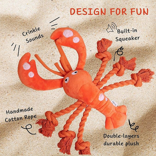 Large Squeaky Dog Toys, Tough Plush Lobster with Rope Tug of War for Puppy, Small, Medium, Large Dogs, Interactive Stuffed Chew Toy to Keep Them Busy