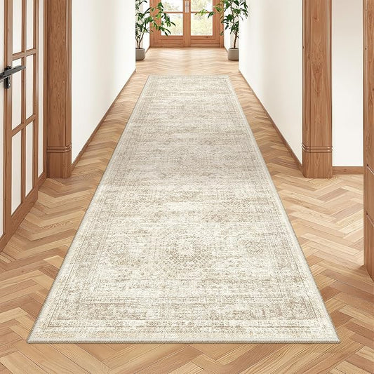 2x7 Runner Rug Non Slip, Thin Entryway Washable Rug for Entryway, Runners for Hallways, Low Pile Vintage Abstract Soft Rugs for Living Room, Kitchen, Bedroom(2'x7', Beige/Ivory)