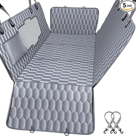 Back Seat Extender for Dogs-Supports 400lb,Waterproof Dog Car Seat Cover Hard Bottom-Detachable,600D Heavy Duty Scratch Proof Nonslip Soft,Dog Hammock for Car,SUVs-Grey