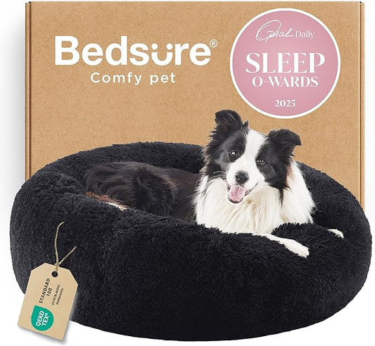 Bedsure Calming Dog Bed for Large Dogs - Donut Washable Large Pet Bed, 36 inches Anti-Slip Round Fluffy Plush Faux Fur Dog Bed, Fits up to 80 lbs Pets, Black