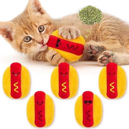 L1rabe Hot Dog Catnip Stuffed Toys - 5 Summer Gift Funny Hot Dog Cat Toys Indoor Yellow Interactive Pet Supplies, Kitten Chew Bite Tools Cat Lovers Gifts, Organic Eco-Friendly Birthday Present