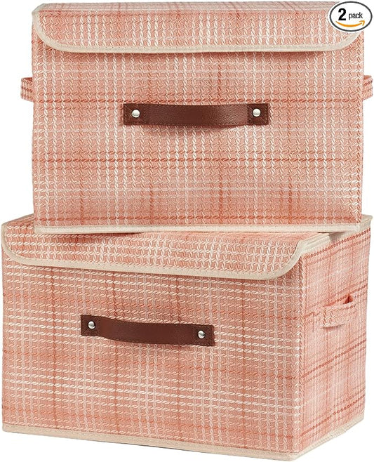 2PCS Storage Boxes with Lid 3D Textured Fabric Storage Bins Closet Organizer Containers Decorative Collapsible Washable Shelf Baskets with Faux Leather Handles (Light Salmon, Large Size)