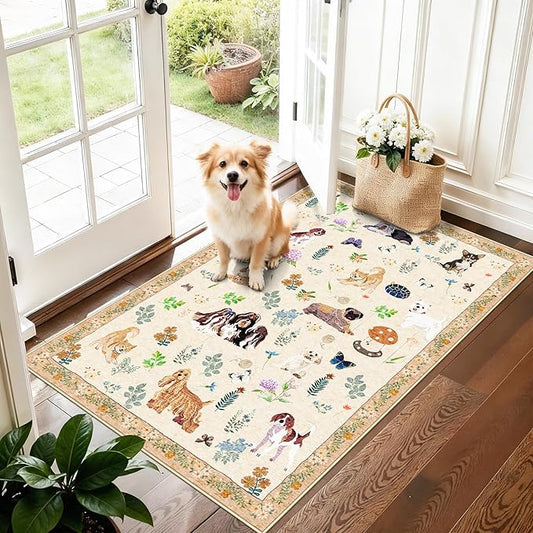 Washable Floral Animal 3x4 Rug: Non-Slip Low Pile Entryway Area Rugs Dog Printed Carpet Stain Resistant Kitchen Runners Soft Beside Floor Mat for Bedroom Kids Room Home Office Laundry(3x4,Beige/Dog