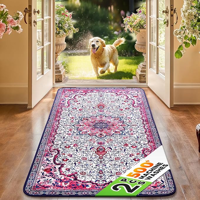 Hompet 2 Pack Super Absorbent Dog Door Mat for Muddy Paws, Washable Pee Pads for Dogs, Reusable Puppy Training Pads, Quick Dry Non-Slip Pet Entryway Rug, Leak-Proof Potty Pad for Indoor Floors 24x60