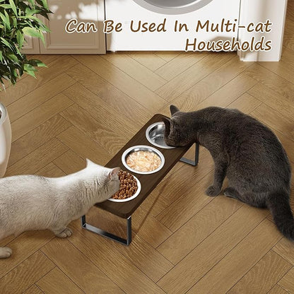 Elevated Cat Bowls with 3 Stainless Steel Bowls | 10° Tilted Anti-Vomiting Raised Cat Food Bowl for Small Cats and Puppies Pet Bowl with Stand（Walnut Color）