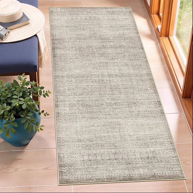 2x5 Abstract Kitchen Runner Rug: Non-Slip Thin Entryway Carpet Soft Hallway Bedroom Beside Floor Mat Neutral Easy-Clean Mat Washable Water Resistant Rug for Bathroom Low-Pile Doormat(Beige/Ivory,2x5)