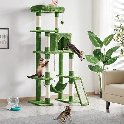 Topeakmart 63in Cat Tree Cat Climbing Tower, Cat Activity Center w/Scratching Post Cozy Condo House Spacious Platform for Indoor Cats, Green