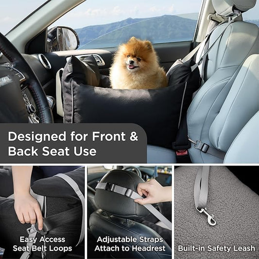 Lesure Small Dog Car Seat for Small Dogs - Waterproof Dog Booster Car Seat with Storage Pockets, Clip-On Safety Leash and Thickened Memory Foam Filling, Pet Carseat Puppy Travel Carrier Bed, Black