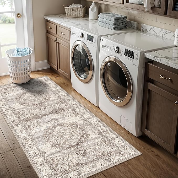 Hallway 2x5 Washable Runner Rug: Oriental Stain Resistant Entryway Kitchen Rug Farmhouse Soft Carpet for Bathroom Bedroom Thin Laundry Room Floor Mat with Non Slip Backing for Pets Family(2x5,Beige)