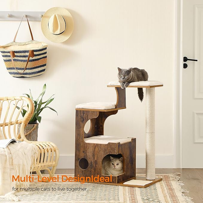 FEANDREA 33.9-Inch Cat Tower, Medium Cat Tree with 3 Beds and Cave, Cat Condo Made of MDF with Wood Veneer, Sisal Post and Washable Faux Fur, Vintage, Rustic Brown and White UPCT70HW