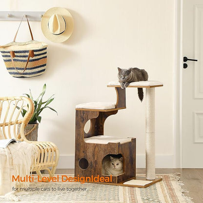 FEANDREA 33.9-Inch Cat Tower, Medium Cat Tree with 3 Beds and Cave, Cat Condo Made of MDF with Wood Veneer, Sisal Post and Washable Faux Fur, Vintage, Rustic Brown and White UPCT70HW