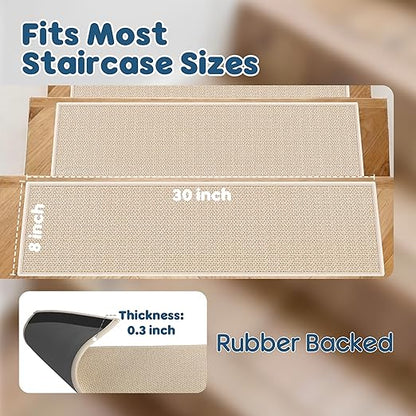Peel and Stick Stair Carpet Treads for Wooden Steps,15 Pack Indoor Beige Stair Mats, Basement Safety Stick On Stair Rug Step Pads for Pet Dog, Elders and Kids