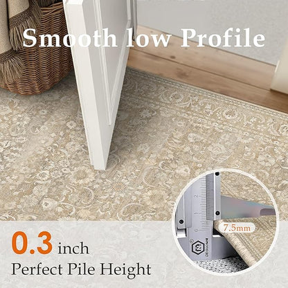 Beige Runner Rug 2x6 Washable Vintage Floral Long Carpet for Hallway Soft Low Pile Non Slip Indoor Accent Rug Retro Distressed Throw Rug for Bathroom Bedroom Laundry Dining Room