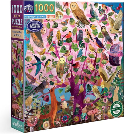eeBoo 1000 Piece Puzzle - Parliament of Owls Jigsaw Puzzle for Adults, Square 23" x 23" Made with Recycled Board & Vegetable-Based Ink