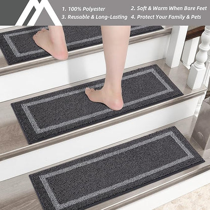 COSY HOMEER Soft Stair Treads Non-Slip Carpet Mat 28inX9in Indoor Stair Runners for Wooden Steps,Stair Rugs for Kids and Dogs, 100% Polyester TPE Backing 10pcs,Black,Square