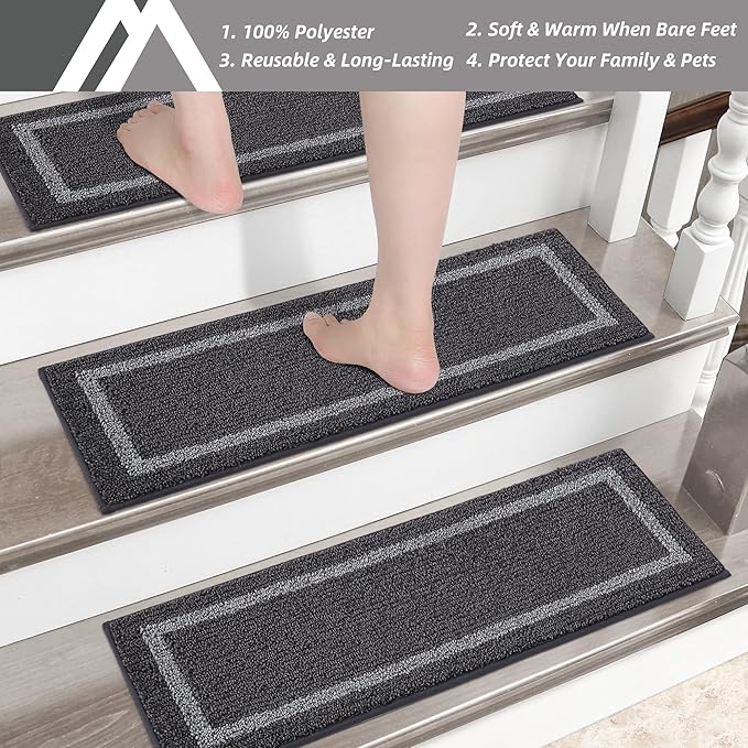 COSY HOMEER Soft Stair Treads Non-Slip Carpet Mat 28inX9in Indoor Stair Runners for Wooden Steps, Stair Rugs for Kids and Dogs, 100% Polyester TPE Backing 4pcs,Black,Square