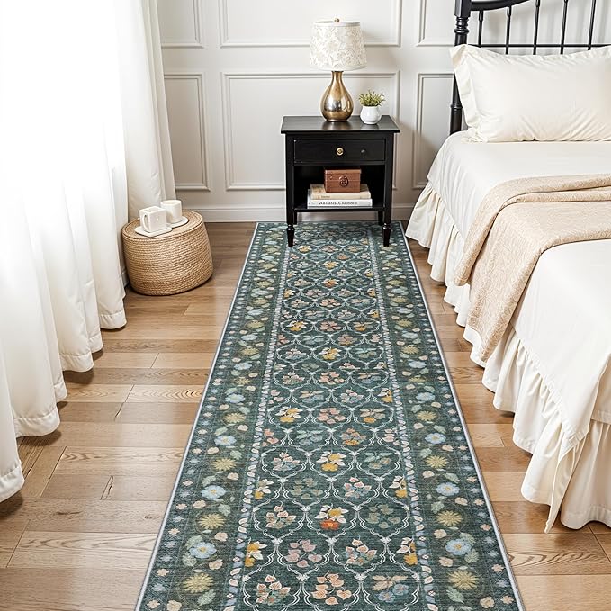 2.6x12 Kitchen Runner Rug Washable - Vintage Non Slip Hallway Rugs Low Pile Carpet for Bedroom Laundry Soft Indoor Floor Mat - Safe Durable Choice for Married Women with Kids & Pets 2’6x12 Green