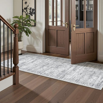 2x5 Rug Runner Washable for Entryway, Soft Bathroom Rugs with Non-Slip Backing, Abstract Low Pile Hallway Runner, Vintage Small Kitchen Carpet for Stair, Laundry Room(2'x5', Grey/Ivory)