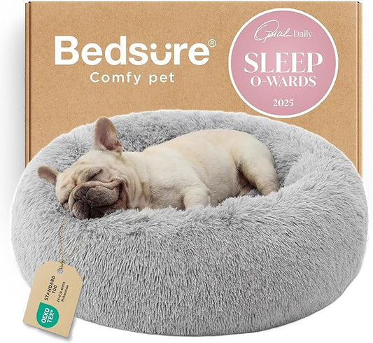 Bedsure Calming Dog Bed for Medium Dogs - Donut Washable Medium Pet Bed, 30 inches Anti-Slip Round Fluffy Plush Faux Fur Cat Bed, Fits up to 45 lbs Pets, Pale Grey