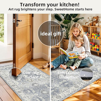 4 Pieces Kitchen Rug Set: Washable Farmhouse Non-Slip Kitchen Sink Floor Mats Easy Clean Water-Resistant Runners for Hallway Bathroom Soft Decorative Carpet for Pet Feeding Area(2x3+2x4+2x5+2x6,Grey)