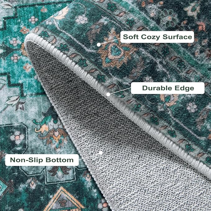 Ciicool Washable Runner Rug Nonslip, 2'x6' Teal Hallway Rug Non-Slip Vintage Kitchen Rugs Carpet Runner for Bedroom Laundry Bathroom Decor