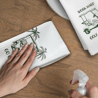 Golf Dog Kitchen Towels - Golden Retriever Dish Towels, Sports Gifts, Pet Golf Club Decorative Absorbent Dishcloths Hand Towels Set of 2 for Gym Spa Kitchen Decor 16x24 Inches