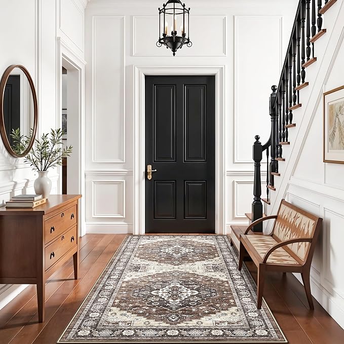 4x8 Washable Hallway Area Rug: Vintage 8ft Soft Runner Rug for Living Room Entryway Non Slip Water Resistant Wide Soft Carpet for Kitchen Bedroom Thin Floor Mat for Bathroom Dining Room(Brown,4x8)