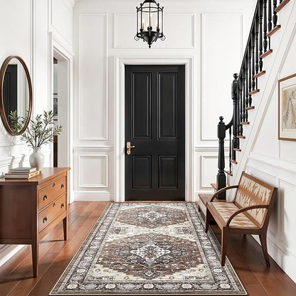 4x8 Washable Hallway Area Rug: Vintage 8ft Soft Runner Rug for Living Room Entryway Non Slip Water Resistant Wide Soft Carpet for Kitchen Bedroom Thin Floor Mat for Bathroom Dining Room(Brown,4x8)