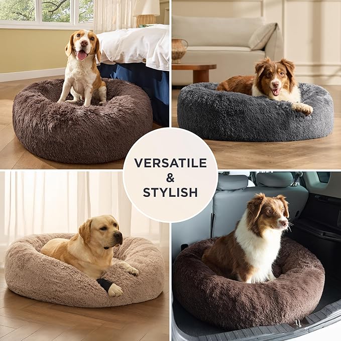 Bedsure Calming Dog Bed Medium Size Dog - 30in Donut Round Washable Medium Pet Bed, Anti-Slip＆Removable Cover,420GSM Anti-Anxiety Fluffy Plush Faux Fur,Fits up to 45 lbs Pets,Plus Version