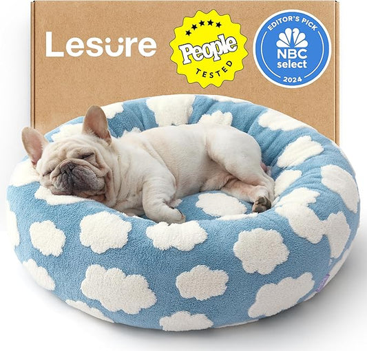 LE SURE Shown on TV Donut Dog Bed Medium Size Dog - Round Cat Beds Indoor as Bed Gift for Calming with Washable Cover, Cute Home Decor Bed with Jacquard Shaggy Plush & Anti Slip Bottom, 30 Inch, Blue