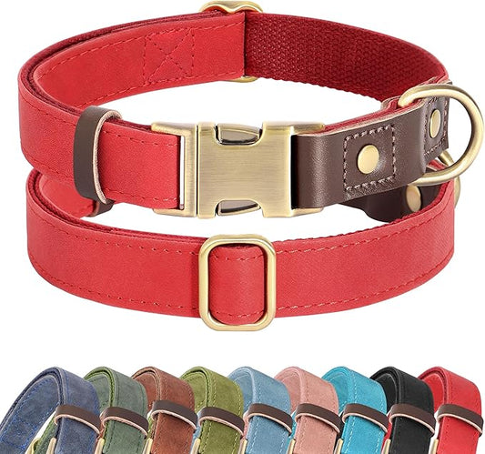 Didog Soft PU Leather Dog Collars for Small Dogs,Classic Adjustable Dog Collars with Quick Release Metal Buckle,Easy Clean and Comfortable with Nylon Lining,Red,S Neck 11-15"