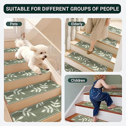 Carpet Stair Treads, Non-Slip Stair Treads for Wooden Steps Indoor, 30”x8” Stair Runner for Pets Non Skid Wood Staircase Step Treads Reusable, Set of 15, Green