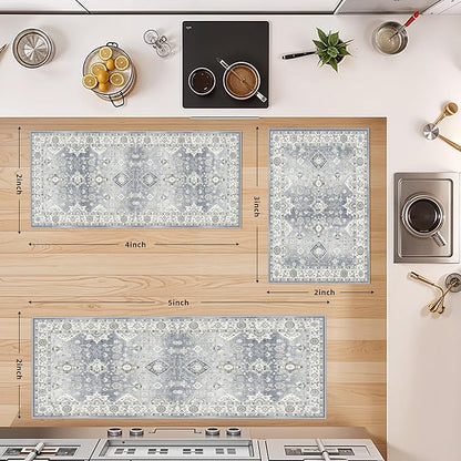 4 Pieces Kitchen Rug Set: Washable Farmhouse Non-Slip Kitchen Sink Floor Mats Easy Clean Water-Resistant Runners for Hallway Bathroom Soft Decorative Carpet for Pet Feeding Area(2x3+2x4+2x5+2x6,Grey)