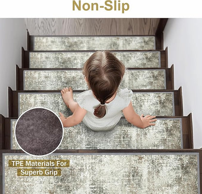 Carpet Stair Treads Non Slip 15PCS, 8" X 30" Edging Stair Runner for Wooden Steps Indoor, Resistant Stair Rugs with Reusable TPE Adhesive Backing, Residue Mat for Elders, Pets, Ashstone/Grey