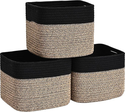 3 Pack Cube Storage Bin, 9”x9”x7” Cotton Rope Woven Baskets for Organizing Toys Clothes Towels, Square Gift Storage Baskets for Shelves, Nursery, Closet, Bathroom, Pantry (Black & Brown)